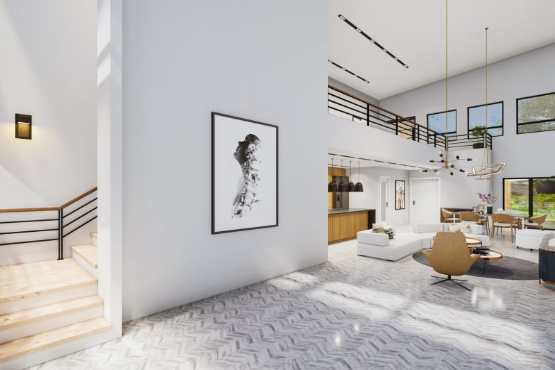 Modern living room featuring sleek furniture, large windows, and bright natural light, creating an airy atmosphere.