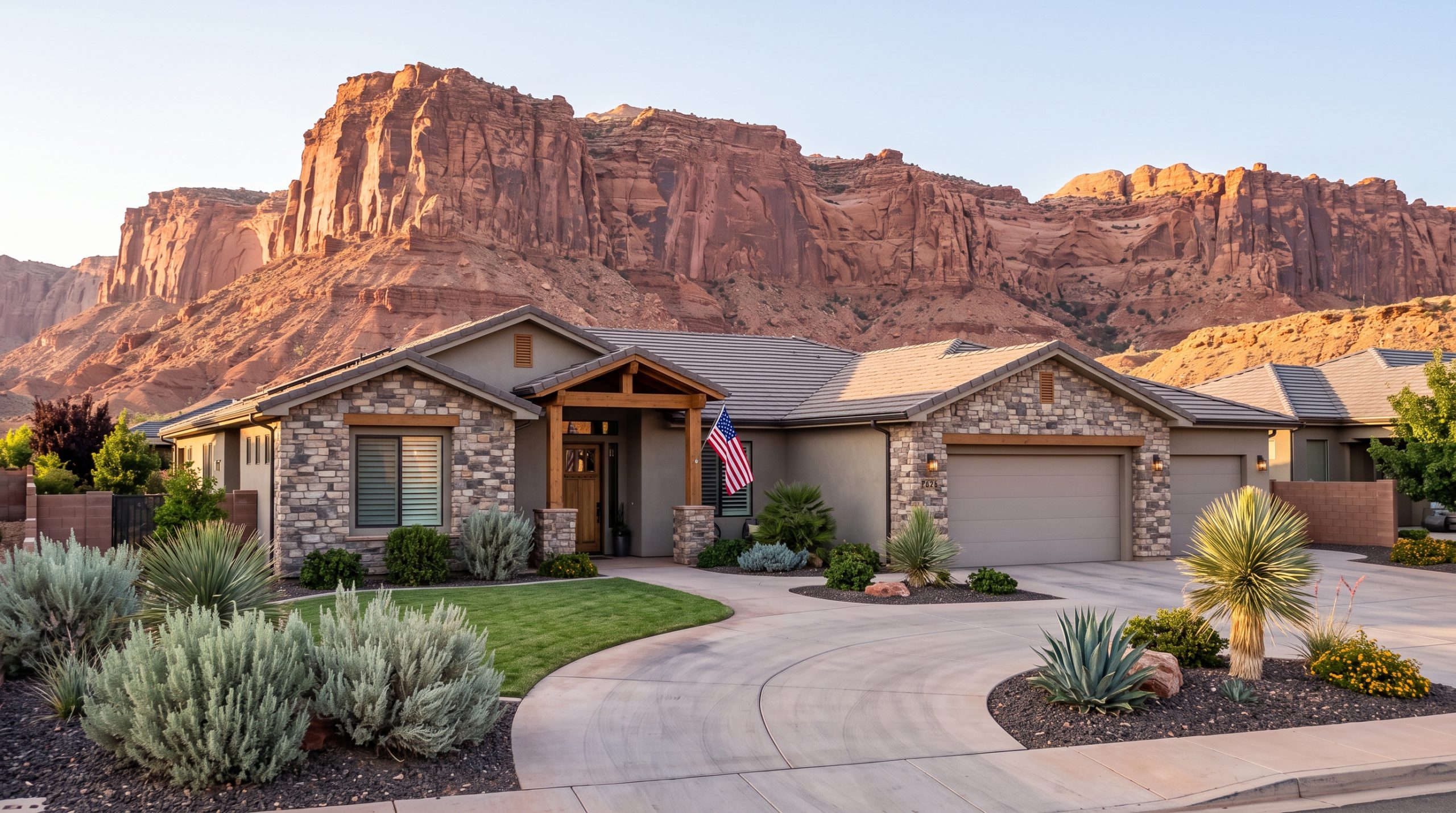 Modern single-story home in Southern Utah with red rock cliffs in background, featuring desert landscaping and an American flag near entryway.