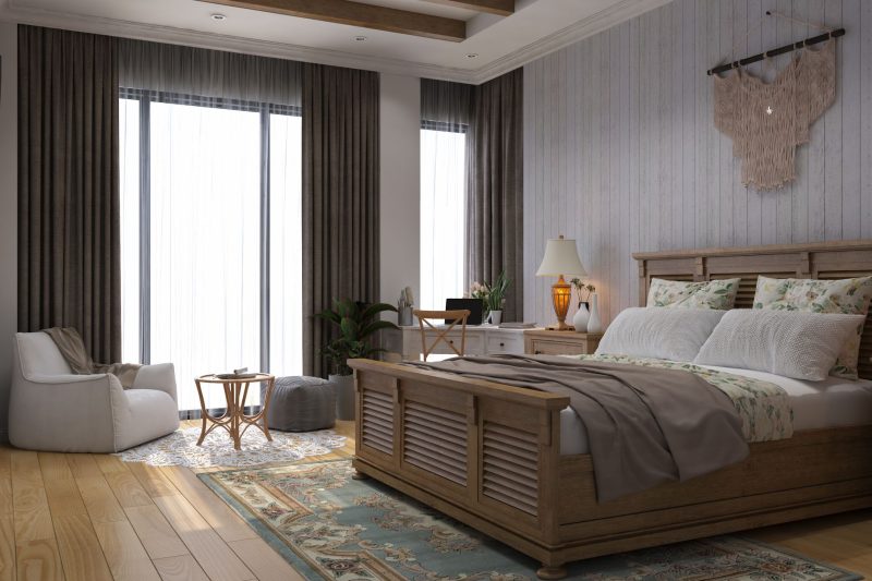 Charming rustic bedroom featuring wooden elements, natural light, and cozy decor.